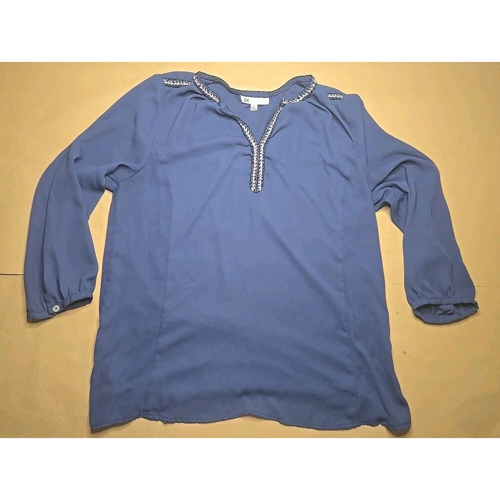 DR2 Navy Blue Lightweight Blouse 3/4 Sleeve Embroidered  V-Neck Size Medium